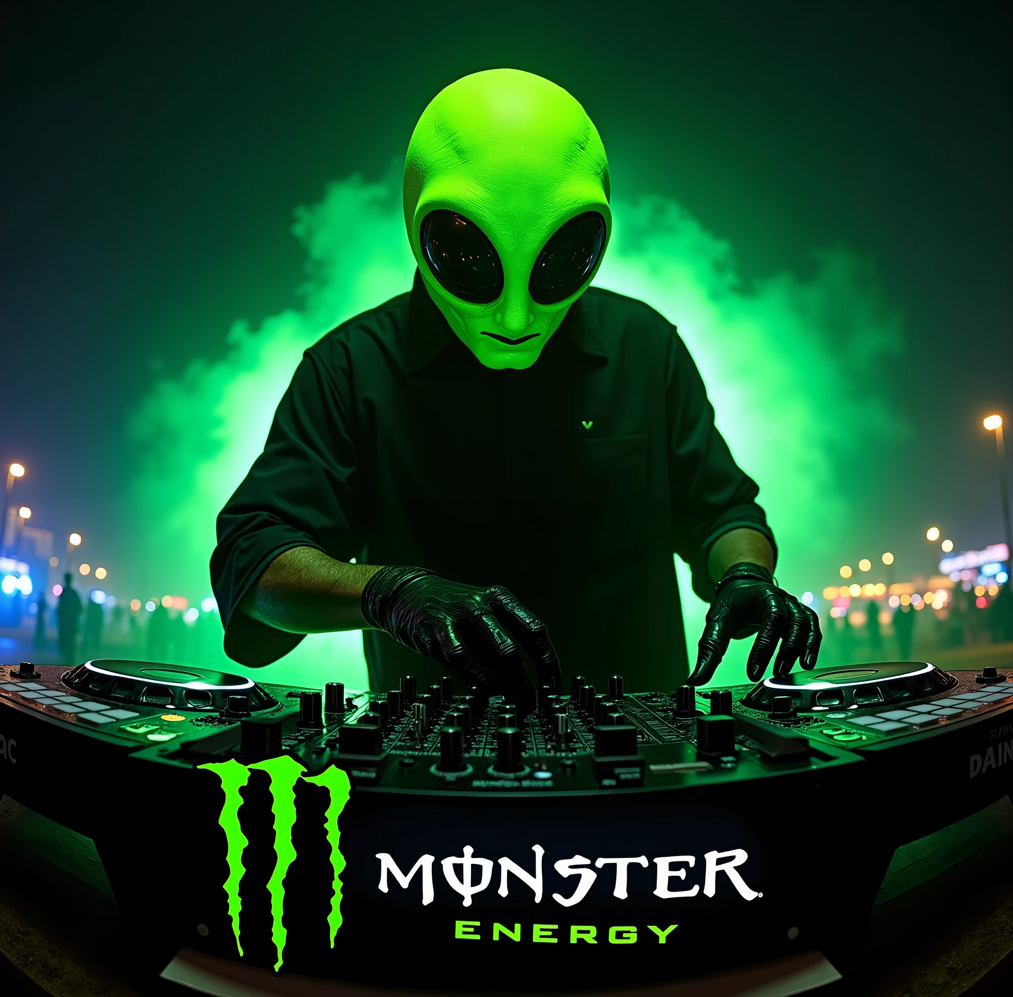 fluorescent green-black color big head alien dj , add monster energy logo , and add the text ¨Rick D´Angle ¨ to the image , totaly night view photo with ultra open wide lens photo technic