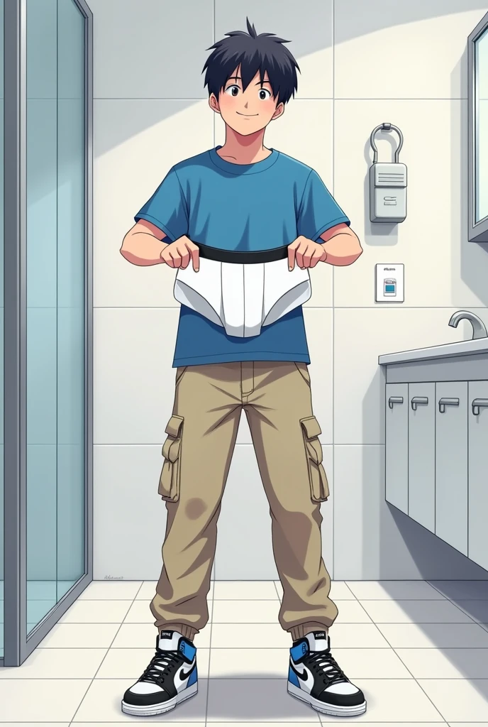 into the image, a cool ager , with white skin and straight black hair, is posing in a bathroom. He wears a blue t-shirt and beige cargo pants., complemented by a pair of Air Jordan sneakers in blue, black andwhite. The young man is holding only a pair of underwear (of the boxer model), this underwear is white (medium-sized) with both hands, displaying it to the "Camera", with a happy and relieved expression. The bathroom in the background is modern and minimalist., with details like a large mirror and light tiles. The teen's expression is relaxed and fun, besides him appearing relieved, giving a casual and informal tone to the image, In anime style, ele segura apenas uma cueca of the boxer model medium-sized!,cueca of the boxer model apenas 1ª segurada em ambas as mãos