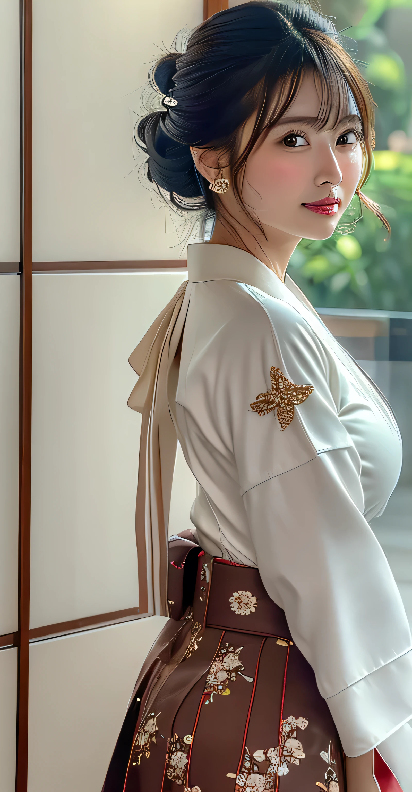 (8k,RAW Photos,Like the picture:1.45),masterpiece,Highest quality,wonderful,(Sexy Mature Woman:1),(Mature very cute woman:1.3), (2. Women.1.3)、(((very, Very large breasts)))、(((Extremely lewd and very huge boobs))、(((Very deep valley)))、Hyper Real、She is a々In a quiet office、A beautiful and elegant smile、beautiful white skin、beautiful, Delicate and precise skin texture、Long, fluffy, beautiful black hair(updo:1.45)、beautiful Japanese Women、(BIG ASS)、Thick thighs、Bright red lips、Gold small star-shaped earrings、{Floral Skirt((White kimono-style blouse))},