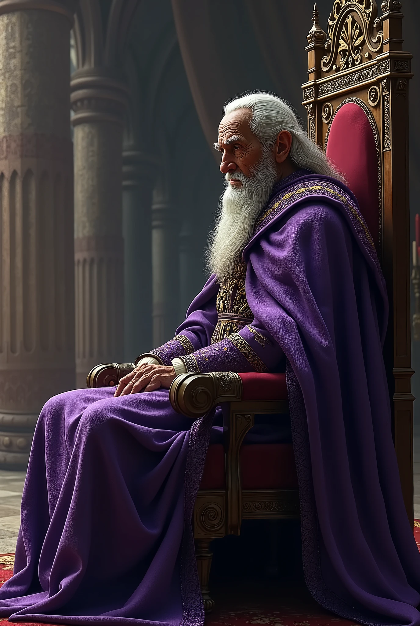King old man in ancient times, The king sitting alone on his throne wearing a purple cloak. side perspective seeing his right profile
