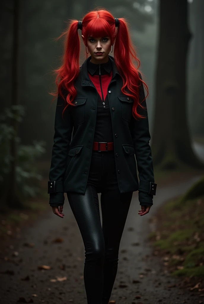 red-haired woman,com penteado pigtails,with black and red clothes,fully body,background walking in the dark