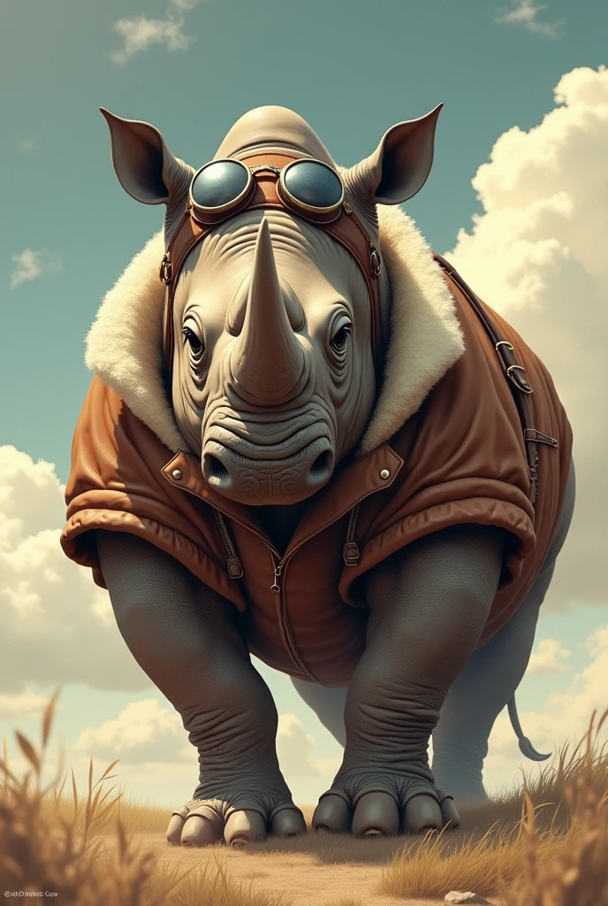 Drawing of a Rhinoceros in aviator clothing