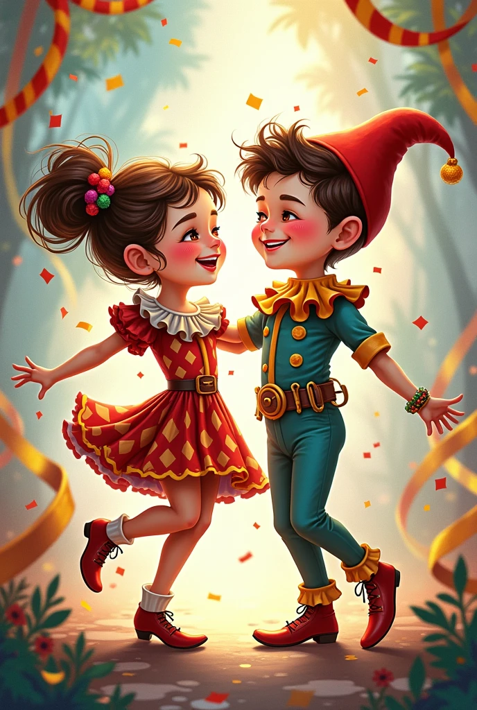 I want a girl and a boy dressed as alerquines, that he is happy dancing, I want a drawing to paint
