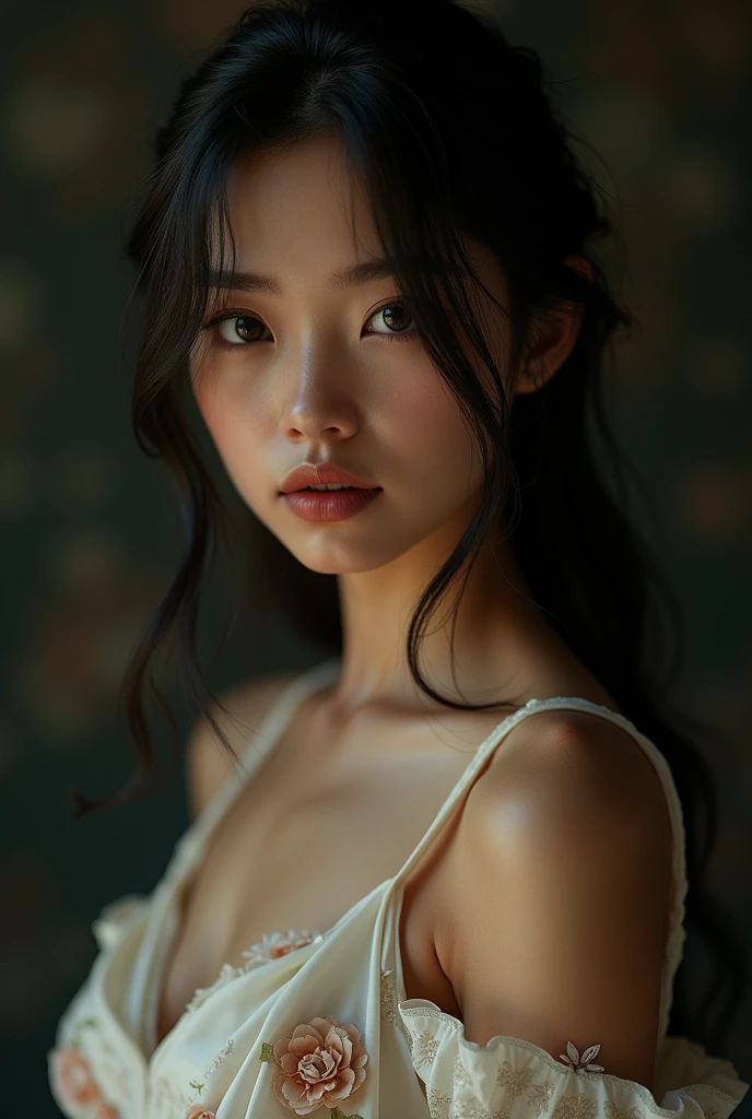 a dark brown eyes, dark-skinned, Black Straight Hair, floral slipper dress