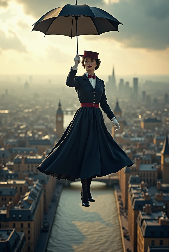 Cinematic Picture of The enigmatic magical nany [Mary Poppins::Julie Andrews:0.1] with her black umbrella she's levitates in the sky, with London City scene in Background, insanely detailed and intricate