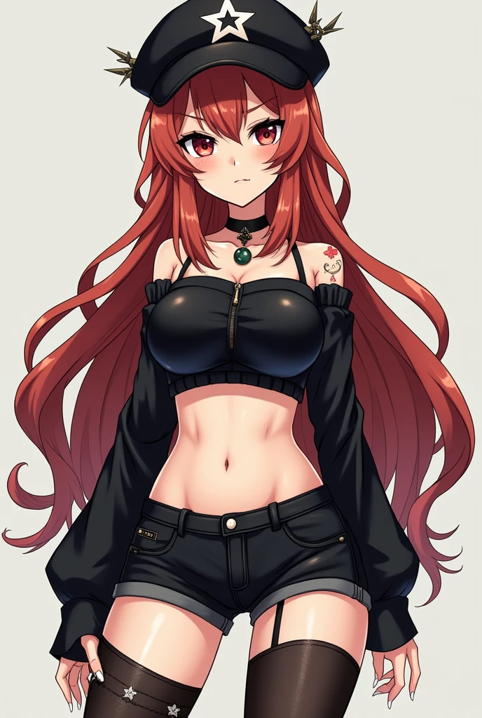 Anime girl icon, slim, super pale white skin, conceited face, long copper red hair, star tattoo, black cap with thorns, black necklace, black top with long sleeves, Short black shorts and black tights with small stars, black eyes, only half photo for profile picture