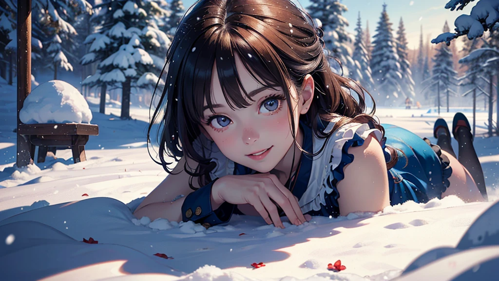 ((masterpiece,best quality,ultra detailed,ultra high res)), (mastepiece, Best Quality, Ultra-detailed, Photorealistic, extremely delicate and beautiful),
Alice in Wonderland, at winter, Playing in the snow, Happy smile, Very beautiful girl, correct facial features, detailed image of a girl