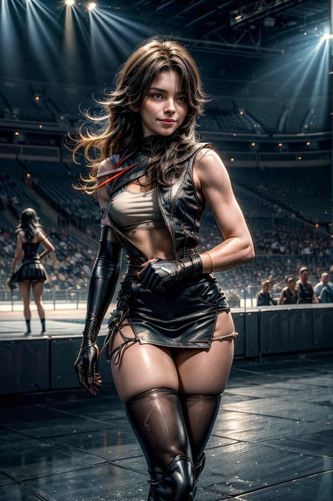 (masterpiece, best quality:1.2), cowboy shot, solo, 1girl, cinder fall, evil smile, looking at viewer, long hair, t-shirt, white skirt, sleeveless jacket, elbow gloves, pantyhose, standing inside sport stadium, spectators, crowd (volumetric lighting), sharp focus, hyper detailed 