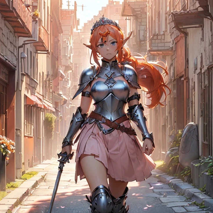 (masterpiece), (best quality), (detailed character and features), (HD), (high resolution), (solo, alone character), (fantasy), (simple background), (anime)
{{(1character:( orange-red haired Elf-Girl knight):((reddish-orange hair tied in a left ponytail with two white flowers),(beautiful light-blue eyes), (orange-reddish eyebrows), (serious and imponent), (closed mouth), (white flower at side of hair over the left ponytail),(body full covered and armored in full knight pink armor)), ((Pink knight armor:((pink steel full knight cuirass), (pink gauntlets), (pink steel knight skirt), (pink steel belly armor), (pink shoulder armor plates), (pink steel armor long boots), (pink steel armor knee-plates), (pink steel elbow plates), (silver tiara up her head around the hair)),((holding with her left hand a long steel silver spear)),((Background: (viking styled city street), (sunny morning), (stone viking houses around the streets)))}}