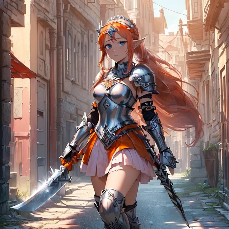 (masterpiece), (best quality), (detailed character and features), (HD), (high resolution), (solo, alone character), (fantasy), (simple background), (anime)
{{(1character:( orange-red haired Elf-Girl knight):((reddish-orange hair tied in a left ponytail with two white flowers),(beautiful light-blue eyes), (orange-reddish eyebrows), (serious and imponent), (closed mouth), (white flower at side of hair over the left ponytail),(body full covered and armored in full knight pink armor)), ((Pink knight armor:((pink steel full knight cuirass), (pink gauntlets), (pink steel knight skirt), (pink steel belly armor), (pink shoulder armor plates), (pink steel armor long boots), (pink steel armor knee-plates), (pink steel elbow plates), (silver tiara up her head around the hair)),((holding with her left hand a long steel silver spear)),((Background: (viking styled city street), (sunny morning), (stone viking houses around the streets)))}}