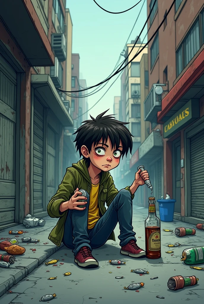 Cartoon drawing of a drunk teenager sitting on the sidewalk consuming ????? and alcohol, keeping the background of this image 