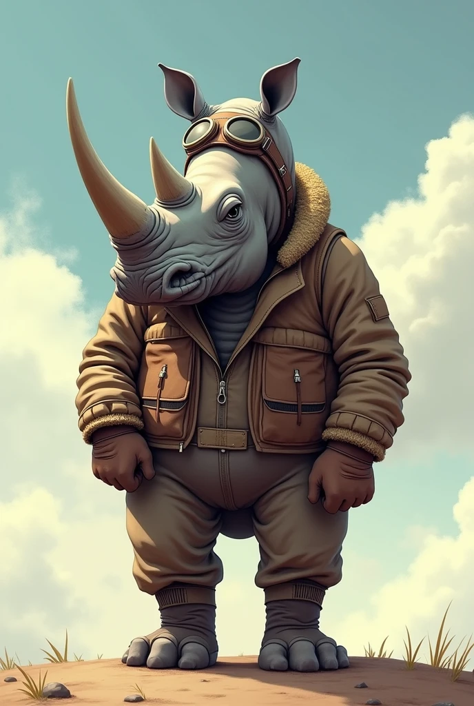 Drawing of a standing rhino wearing an aviator outfit