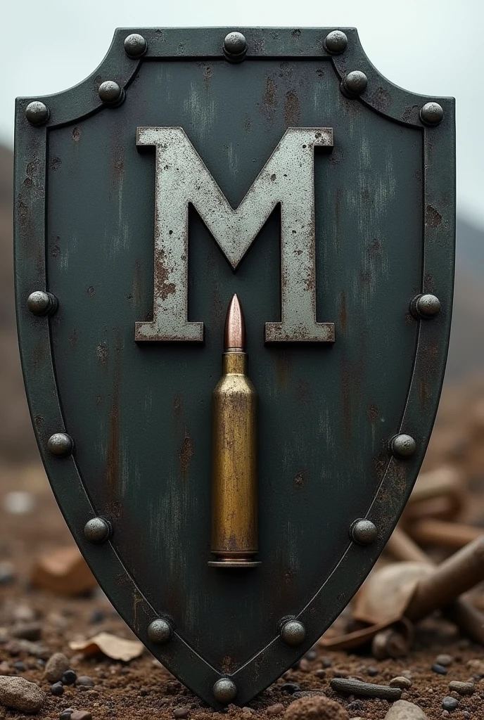 Create a military shield with a M and a Bullet