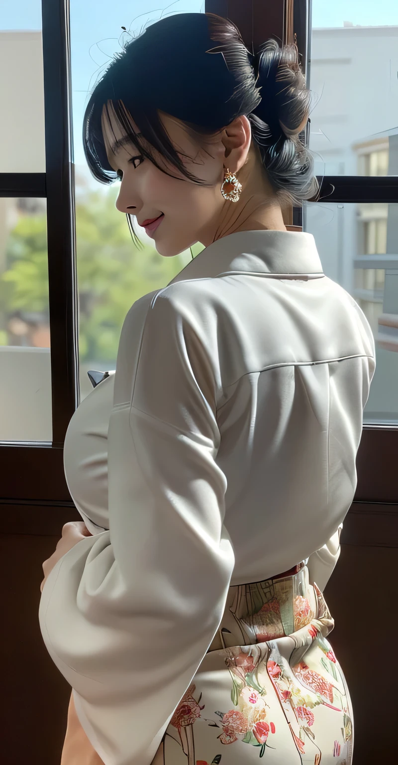 (8k,RAW Photos,Like the picture:1.45),masterpiece,Highest quality,wonderful,(Sexy Mature Woman:1),(Mature very cute woman:1.3), (2. Women.1.3)、(((very, Very large breasts)))、(((Extremely lewd and very huge boobs))、(((Very deep valley)))、Hyper Real、She is a々In a quiet office、A beautiful and elegant smile、beautiful white skin、beautiful, Delicate and precise skin texture、Long, fluffy, beautiful black hair(updo:1.45)、beautiful Japanese Women、(BIG ASS)、Thick thighs、Bright red lips、Gold small star-shaped earrings、{Floral Skirt((White kimono-style blouse))},