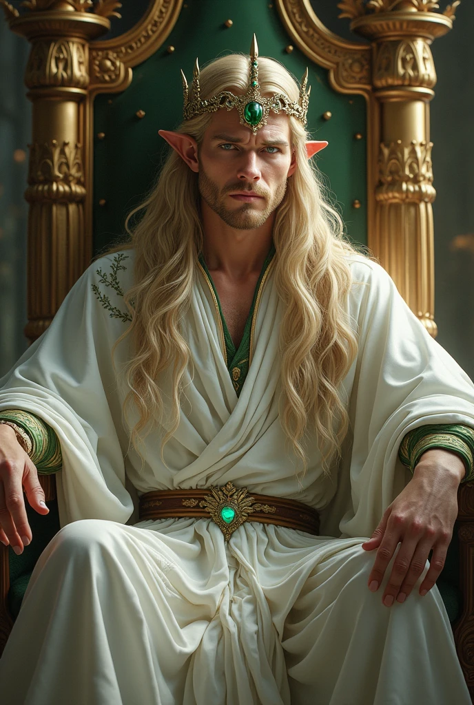 In the royal hall, a tall, green-eyed, handsome elven king with long blond hair, wearing a white robe with green details, and wearing a delicate white crown with emerald stones, is sitting on a throne, and his son, a Elven prince man, tall, with blue eyes, long blond hair with some braids, wearing green tunic with white details is standing.