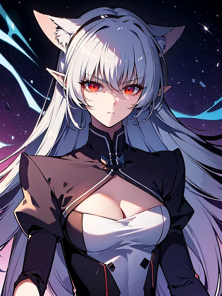 Alicia,Vampire,gray fur, wide, Red eyes, pointy ears, small breasts,black dress, neckline trimming, long sleeves, Thighs, thigh pull