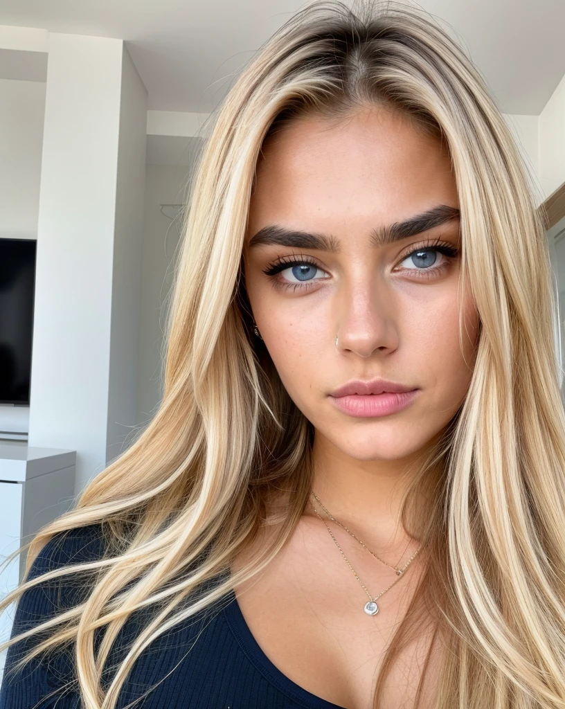 One girl, very pretty, 20 years old, tanned, long hair, blonde hair, blue eyes, sharp eyebrows, slim, realistic, cleavage, Instagram, influencer, cute, posing, wearing clothes, high-res, ultra-detailed, vivid colors, professional lighting, pouting, moody expression, textured skin, textured face, high quality face, detailed face, detailed skin