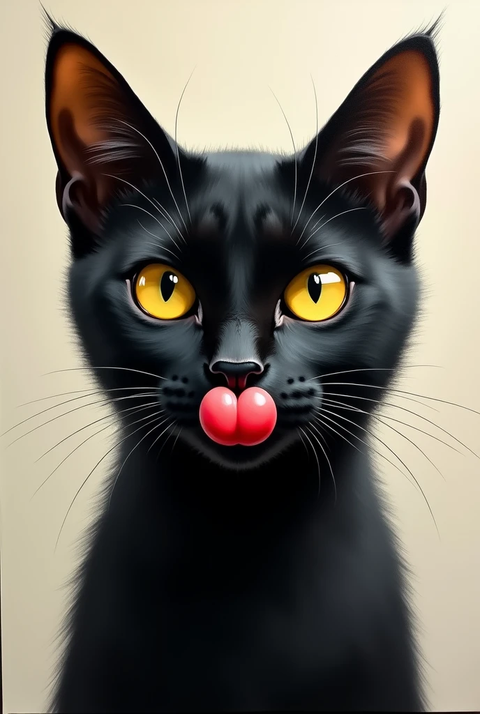 Paint a black cat head with big golden eyes,  small ears and a slightly larger red tongue.