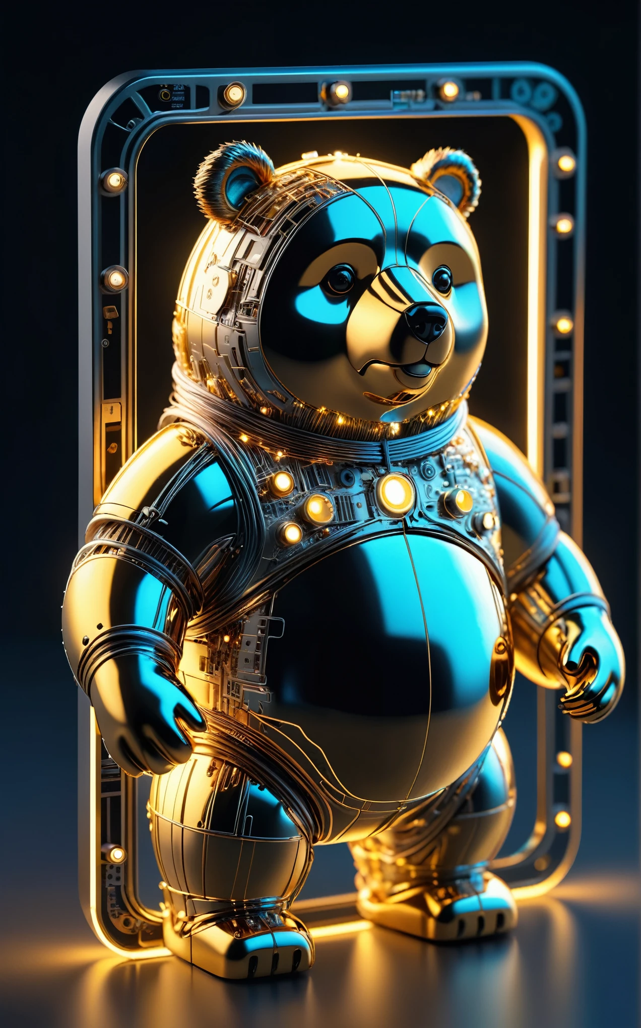 Cute and adorable miniature chrome light emitting circuit board with mirror Cute and adorable obese bear", Glowing Wire, Super detailed, Beautiful composition, Visible Details, Meaningful visual art, Digital Illustration, Unreal Engine 5, 32K, 3D Digital Art, Sharp focus, masterpiece, Fine art