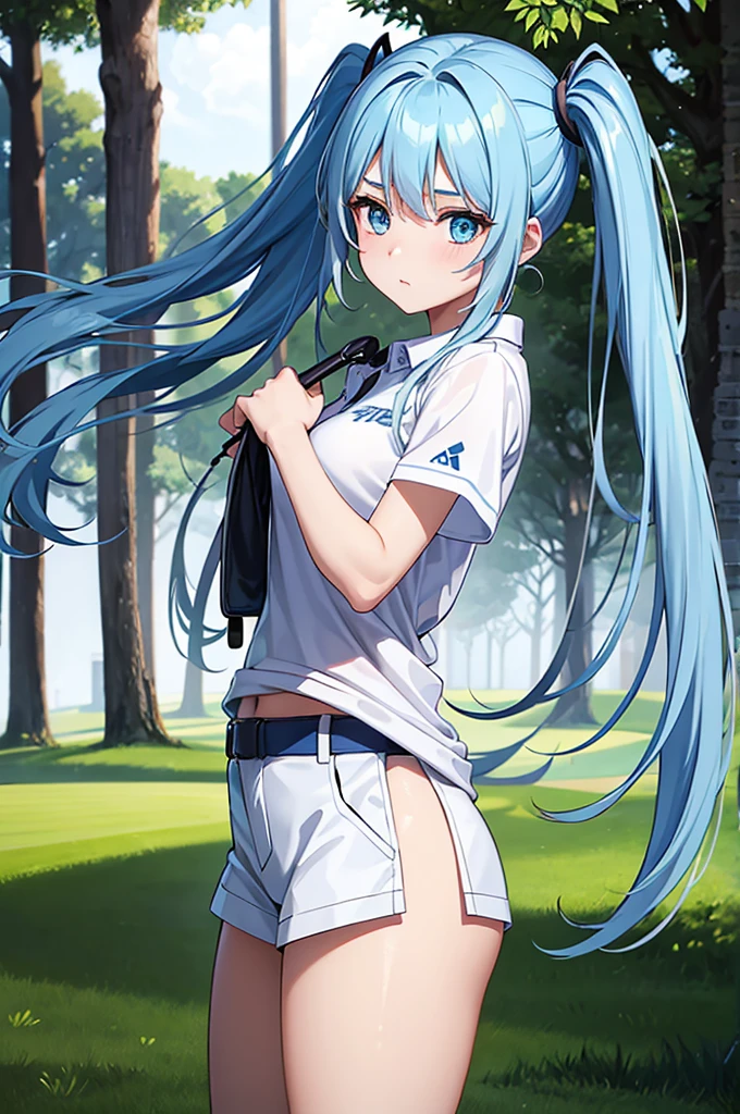  masterpiece, (Textured skin), Highest quality, Gorgeous beautiful, Light blue long hair、Beautiful girl with twin tails(Female golf player), Detailed clothing,Tight waist,, (Beautiful Face), Cinema Lighting, (At the golf course ),