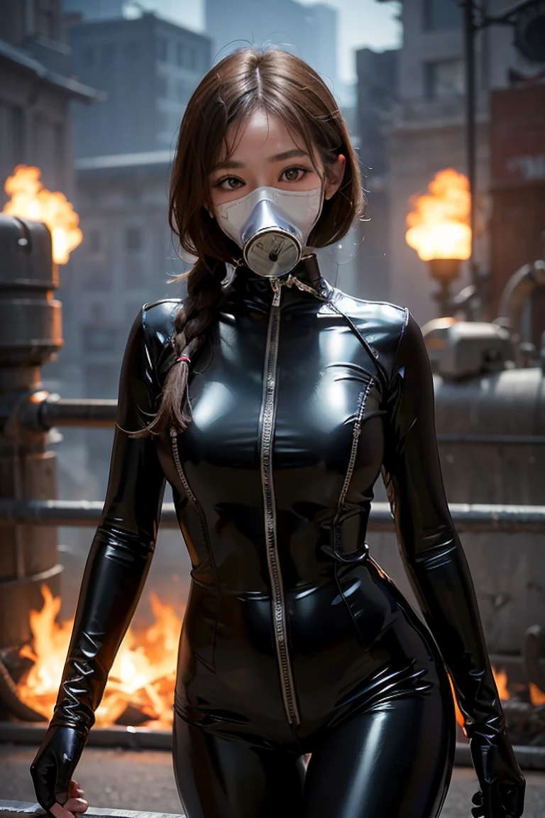 (1girl) (digital) (in detailed guard tower, (latex bodysuit, gas mask)) , best quality,