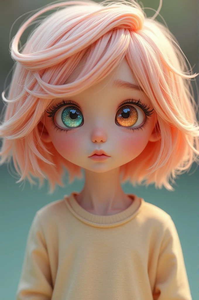 A  boy with a distinctive bob cut with a twist. His hair is a soft pastel peach. His eyes are a rainbow hue. Within his eyes, there is a unique, intricate pattern resembling delicate swirling constellations.