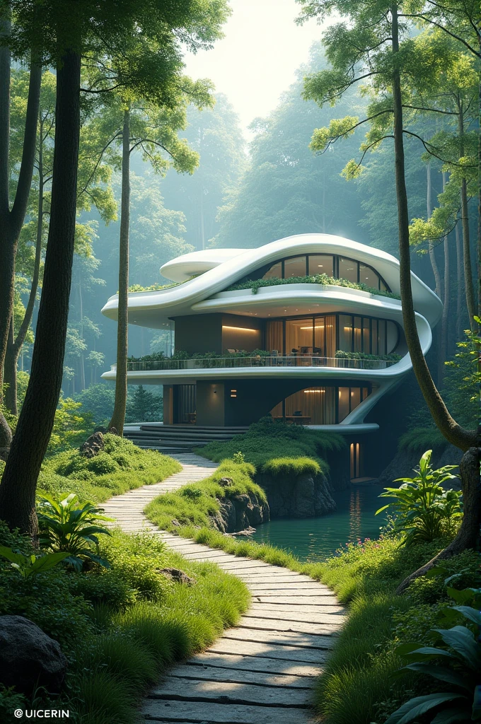 A house in a forest with a path surrounded by trees in the future 