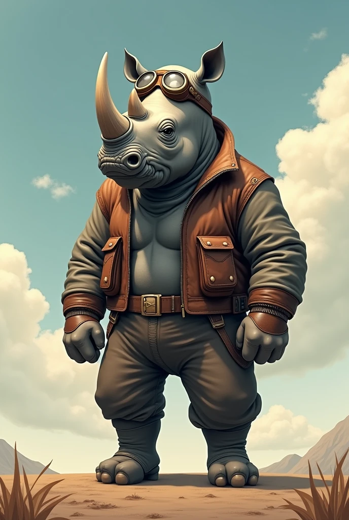 Drawing of a standing rhino wearing an aviator outfit