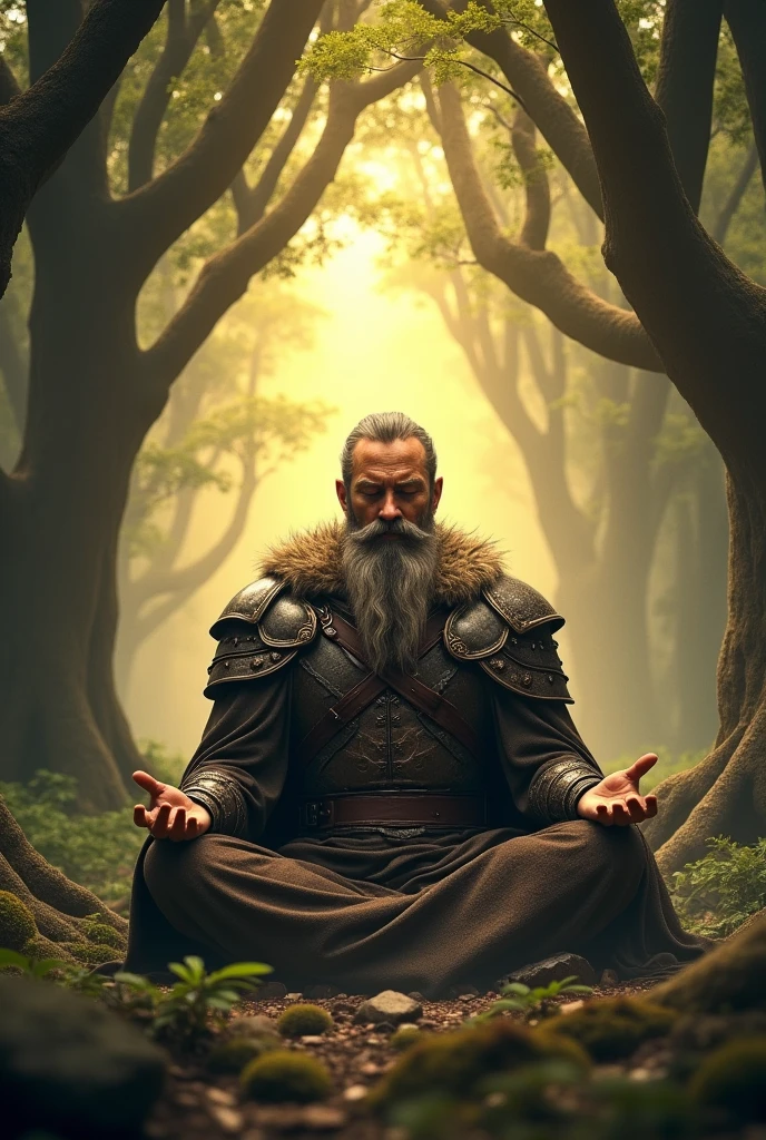 aiyouxiketang, a man in armor with a beard with a knowing look, seated in a lotus position, meditating under a canopy of ancient trees, behind the release of golden light