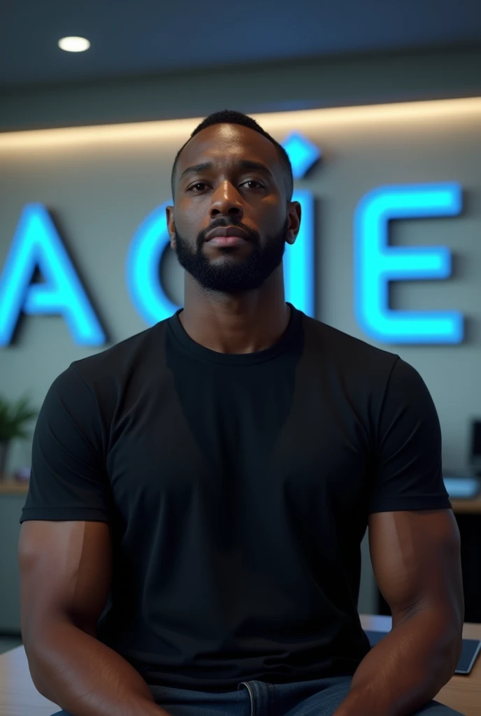 Drawing of a black man with a black t-shirt, Aciex executive office, the Acie written in blue, and the blank X