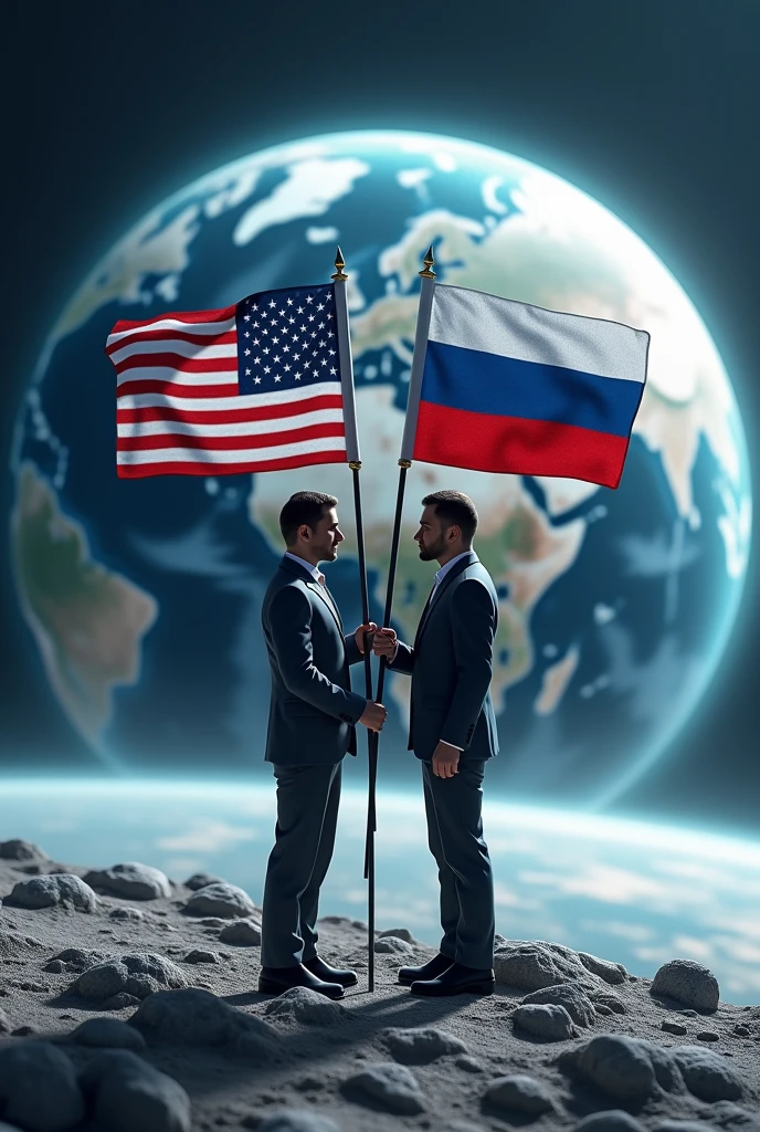 create an image of planet earth, On top of planet Earth, place two people facing each other and each holding a flag of the United States and one of Russia.
