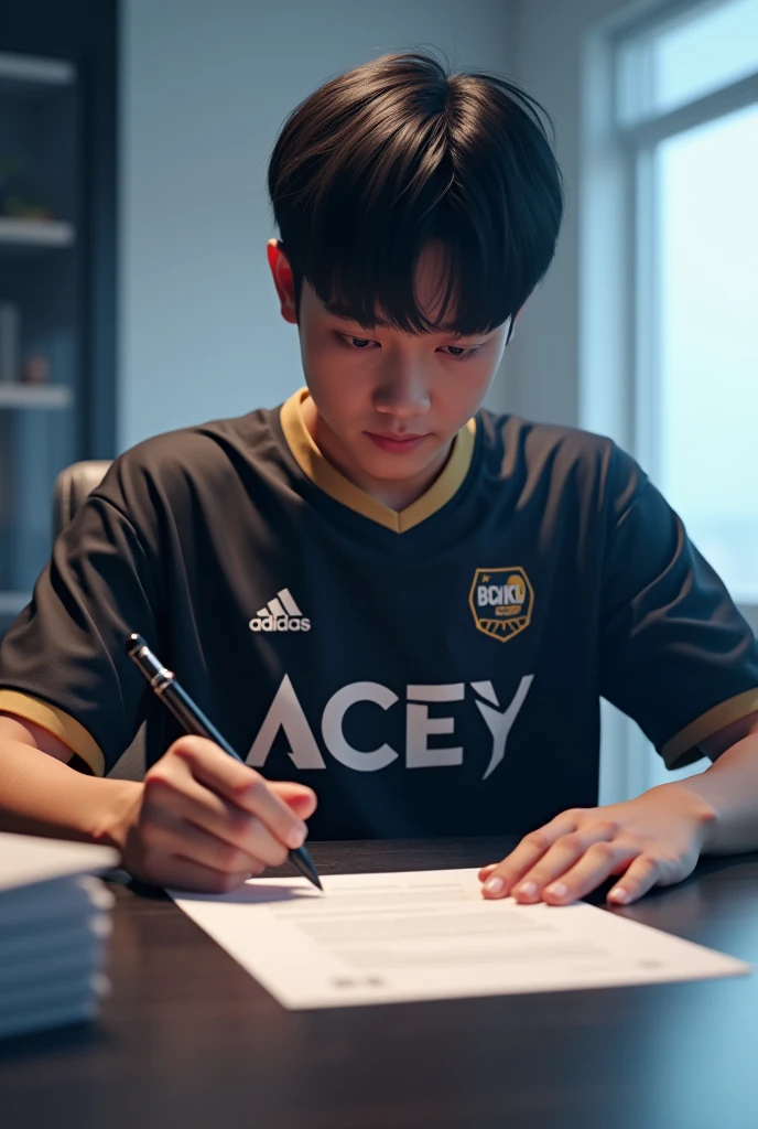 Make an image of a gamer signing a contract with the line "csl" and on the shirt it says acey
