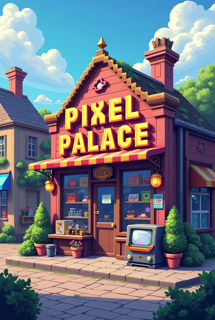 CREATE A PIXEL GAME THEME STORE WITH A NAME "PIXEL PALACE" THAT THE ENVIRONMENT IS COMPLETELY PIXELATED AND THAT THE NAME "PIXEL PALACE" BE AS READABLE AS POSSIBLE