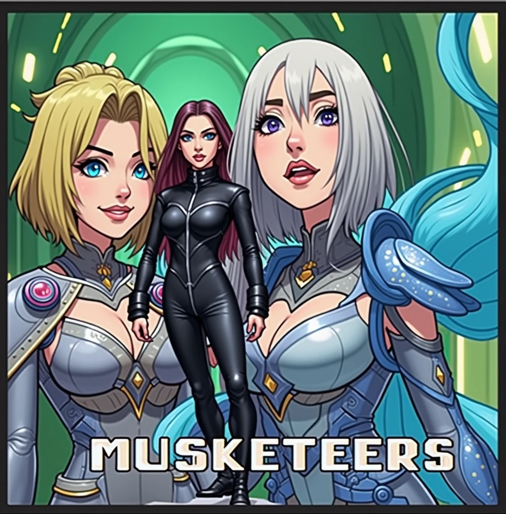 A bald man dressed in black leather in front of everyone, behind a white-haired woman, another woman with blonde hair and another woman with dark hair taller than the others, dressed as musketeers, futuristic fantasy style