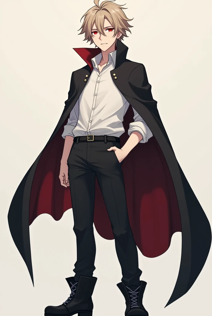 anime style man about 20 years of age; bright red pupils with fangs in his mouth, pale. Has light-brown hair with a white highlight, ear-length and wavy, and is dressed in a plain white button-up shirt, black pants, boots and a flowy cape. He is serious, with his fangs on display.