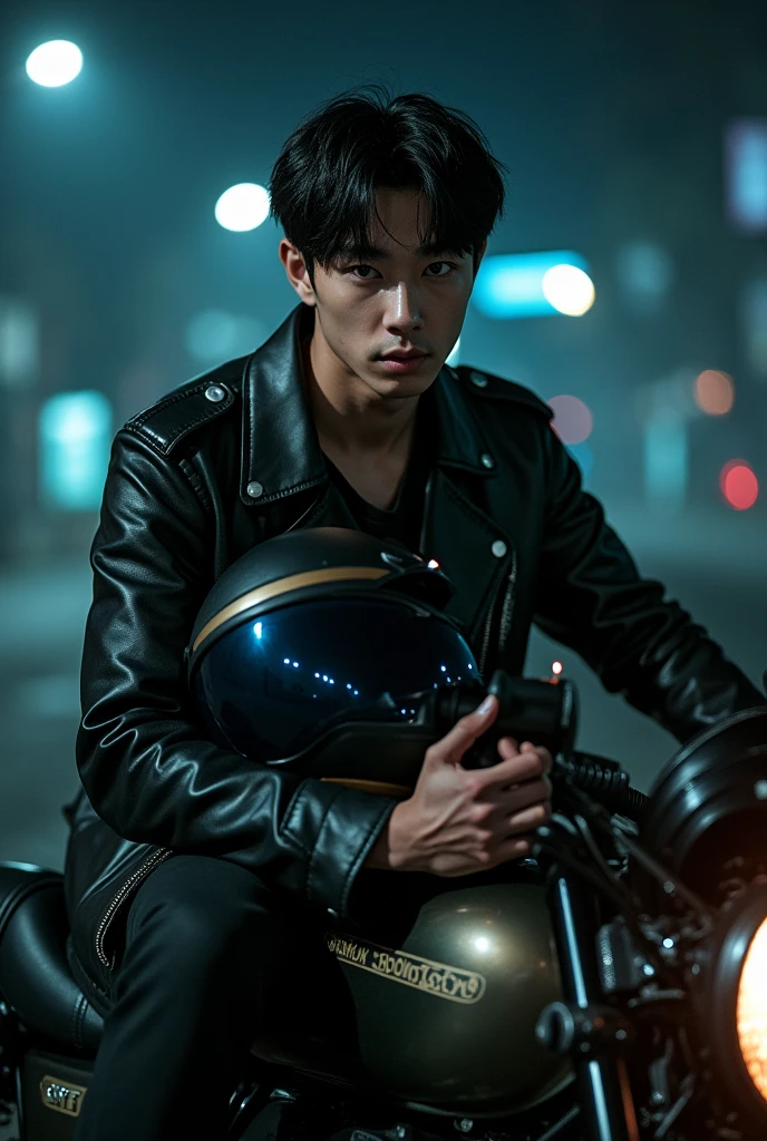 Jeon Jungkook BTS sitting on his motorbike, with helmet in one hand and a cigarette in the other hand, looking at the camera and at night on the street