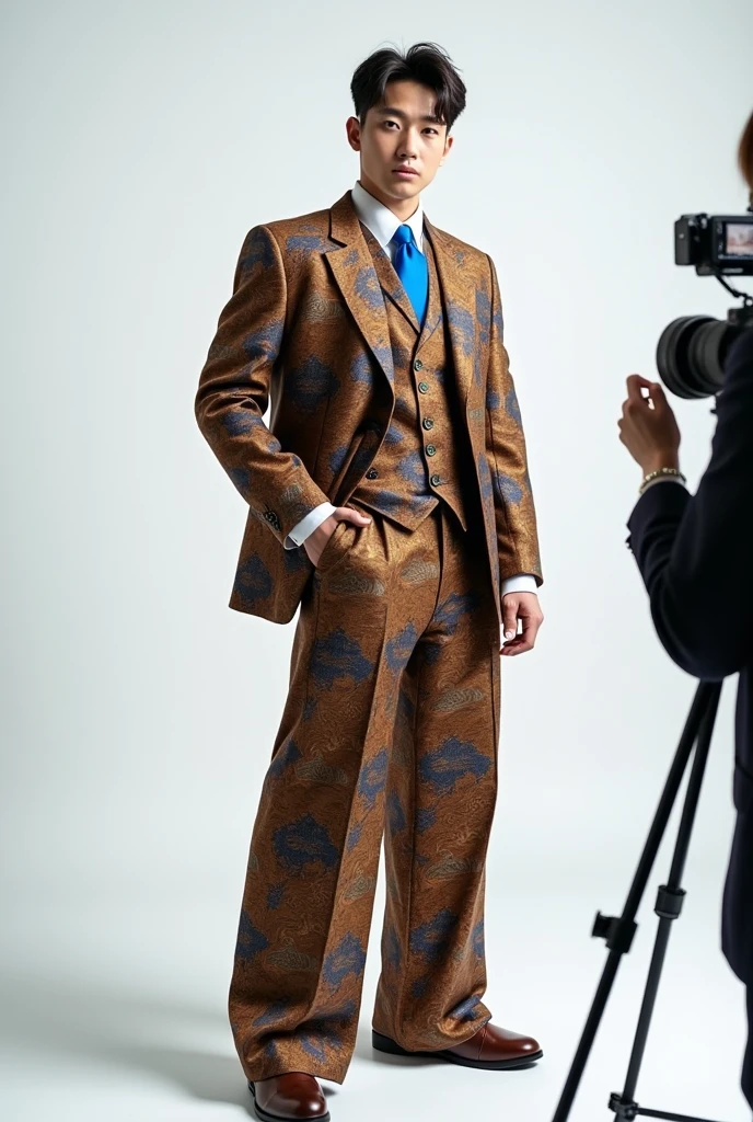 korean man wearing brown suit with lot of royal patterns ,((full body)),oversize classic pants , blue tie ,design inspired by chinese dragon tale,, rings , nekless, Poster ad , special pose ,photoshotting ,white background , fuull body , camera filming him , text saying "Deviant"