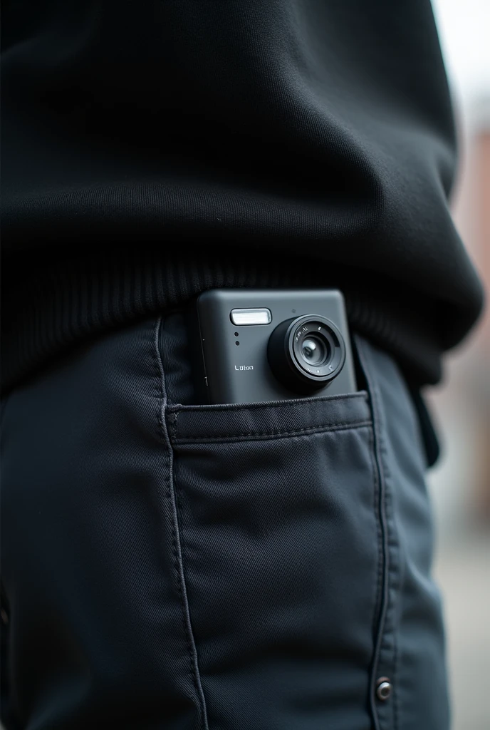 an image of a black portable mini camera in a pants pocket