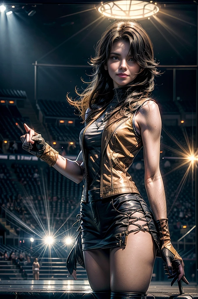 (masterpiece, best quality:1.2), cowboy shot, solo, 1girl, cinder fall, evil smile, looking at viewer, long hair, t-shirt, white skirt, sleeveless jacket, elbow gloves, pantyhose, standing inside sport stadium, spectators, crowd (volumetric lighting), sharp focus, hyper detailed