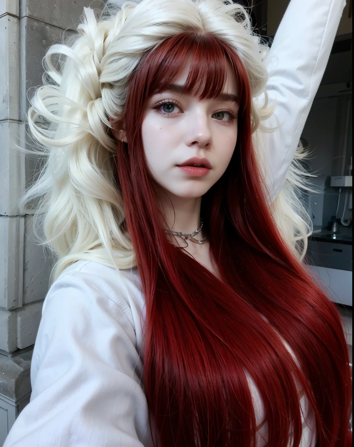 red woman with long hair and piercings posing for a photo, with white long hair, with long white hair, perfect white haired girl, ava max, tifa lockhart with white hair, pale porcelain white skin, anime girl in real life, with white hair, extremely light blonde hair, very light blonde hair, with long blonde hair, her hair is white