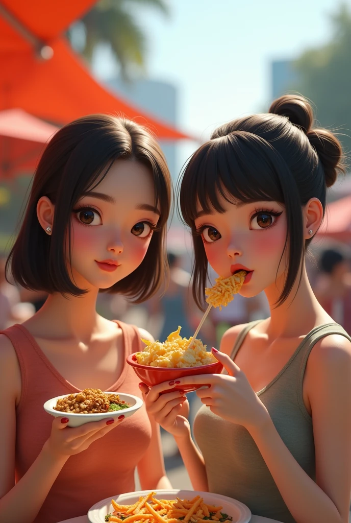 Highest quality、High resolution、Detailed Background、Realistic、RAW Photos、(Beautiful face in every detail:1.4)、Anatomically correct、Normal number of fingers、(Detailed eyes)、Teenage beauty、Bobcut、ponytail、well-groomed eyebrows、Perfect body line、cute仕草、Food Festivals、
(Food Festivalsを楽しんでいる2人の美女:1.5)、(Two beautiful women eating various dishes:1.5)、
Food Festivalsは公園やイベントスペースや屋外会場など広いスペースが必要な場所で開催される、Sometimes it is held in urban areas or tourist spots.、You can enjoy a variety of cuisines、cute