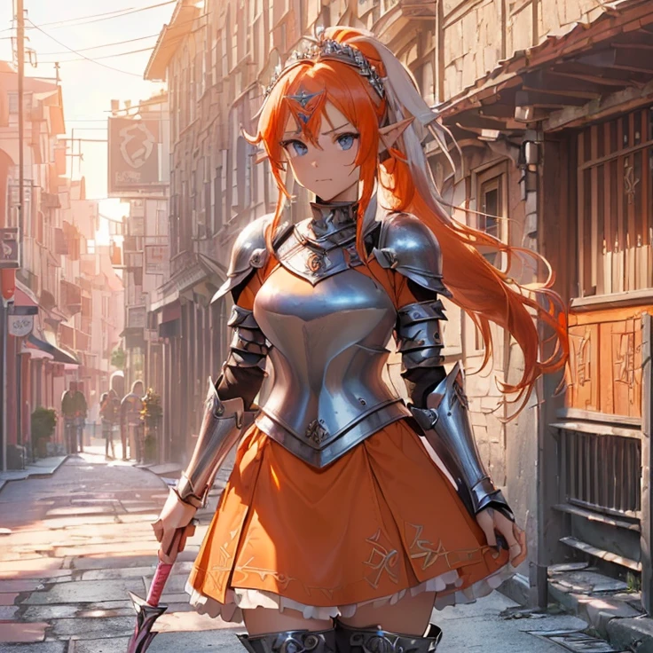 (masterpiece), (best quality), (detailed character and features), (HD), (high resolution), (solo, alone character), (fantasy), (simple background), (anime)
{{(1character:( orange-red haired Elf-Girl knight):((reddish-orange hair tied in a left ponytail with two white flowers),(beautiful light-blue eyes), (orange-reddish eyebrows), (serious and imponent), (closed mouth), (white flower at side of hair over the left ponytail),(body full covered and armored in full knight pink armor)), ((full Pink knight armor:(pink steel full knight cuirass), (pink gauntlets), (pink steel knight skirt), (pink steel belly armor), (pink shoulder armor plates), (pink steel armor long boots), (pink steel armor knee-plates), (pink steel elbow plates), (silver tiara up her head around the hair)),((holding with her left hand a long steel silver spear)),((Background: (viking styled city street), (sunny morning), (stone viking houses around the streets)))}}