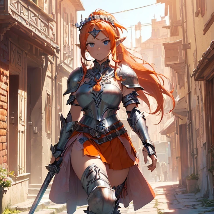 (masterpiece), (best quality), (detailed character and features), (HD), (high resolution), (solo, alone character), (fantasy), (simple background), (anime)
{{(1character:( orange-red haired Elf-Girl knight):((reddish-orange hair tied in a left ponytail with two white flowers),(beautiful light-blue eyes), (orange-reddish eyebrows), (serious and imponent), (closed mouth), (white flower at side of hair over the left ponytail),(body full covered and armored in full knight pink armor)), ((full Pink knight armor:(pink steel full knight cuirass), (pink gauntlets), (pink steel knight skirt), (pink steel belly armor), (pink shoulder armor plates), (pink steel armor long boots), (pink steel armor knee-plates), (pink steel elbow plates), (silver tiara up her head around the hair)),((holding with her left hand a long steel silver spear)),((Background: (viking styled city street), (sunny morning), (stone viking houses around the streets)))}}