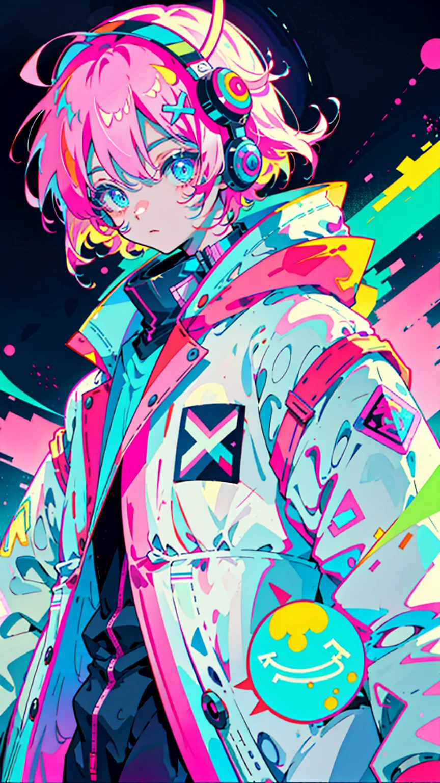 Anime, Dressed as an astronaut, Neon pink and blue colors, scar, Stickers, Neon style full shot
