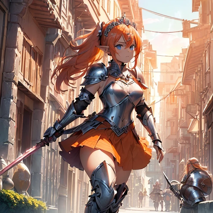 (masterpiece), (best quality), (detailed character and features), (HD), (high resolution), (solo, alone character), (fantasy), (simple background), (anime)
{{(1character:( orange-red haired Elf-Girl knight):((reddish-orange hair tied in a left ponytail with two white flowers),(beautiful light-blue eyes), (orange-reddish eyebrows), (serious and imponent), (closed mouth), (white flower at side of hair over the left ponytail),(body full covered and armored in full knight pink armor)), ((full Pink knight armor:(pink steel full knight cuirass), (pink gauntlets), (pink steel knight skirt), (pink steel belly armor), (pink shoulder armor plates), (pink steel armor long boots), (pink steel armor knee-plates), (pink steel elbow plates), (silver tiara up her head around the hair)),((holding with her left hand a long steel silver spear)),((Background: (viking styled city street), (sunny morning), (stone viking houses around the streets)))}}