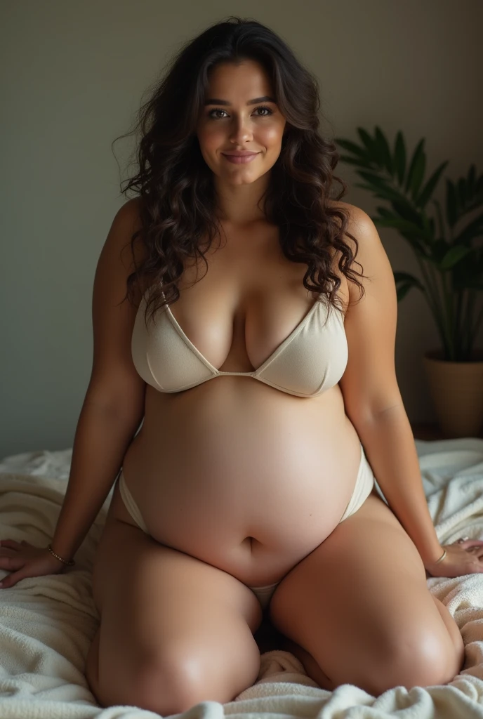 A brunette girl with curly hair and big breasts sits with her legs stretched out, taking a realistic photo