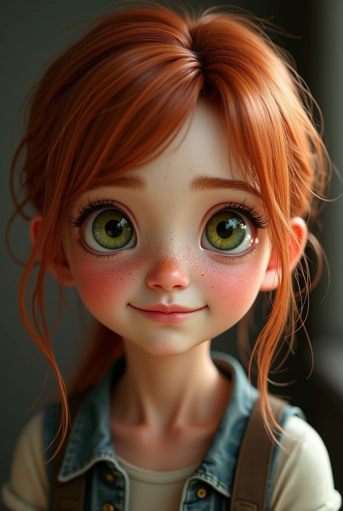 She is a teenager about 

who is wearing a short, tight, ugly and yellow shirt. She also wore a faded brown hat with red hair braided on both sides. The little girl's face was white and thin and had freckles. She had a big mouth and
her big eyes were sometimes green in front of the light and sometimes gray.
This girl has a meaningful and sharp chin, her big eyes are full of joy and vitality. She has sweet and expressive lips and a high forehead.