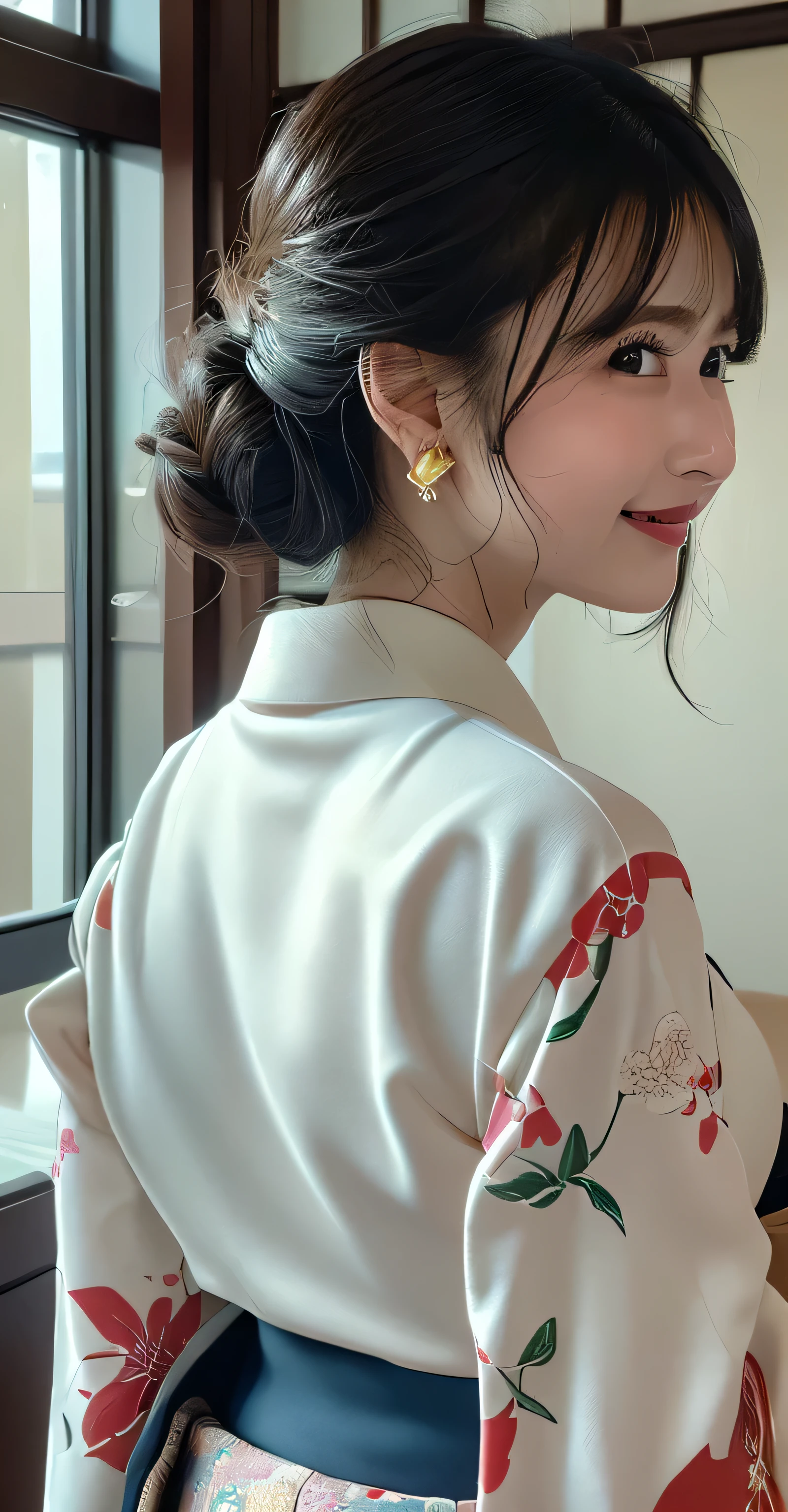 (8k,RAW Photos,Like the picture:1.45),masterpiece,Highest quality,wonderful,(Sexy Mature Woman:1),(Mature very cute woman:1.3), (2. Women.1.3)、(((very, Very large breasts)))、(((Extremely lewd and very huge boobs))、(((Very deep valley)))、Hyper Real、She is a々In a quiet office、A beautiful and elegant smile、beautiful white skin、beautiful, Delicate and precise skin texture、Long, fluffy, beautiful black hair(updo:1.45)、beautiful Japanese Women、(BIG ASS)、Thick thighs、Bright red lips、Gold small star-shaped earrings、{Floral Skirt((A cute white blouse in the style of a kimono))},
