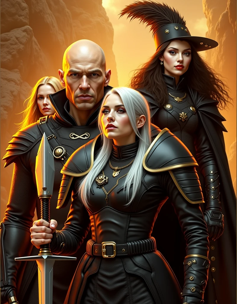 A bald man dressed in black leather in front of everyone, behind a white-haired woman, another woman with blonde hair and another woman with dark hair taller than the others,  dressed as musketeers, futuristic fantasy style