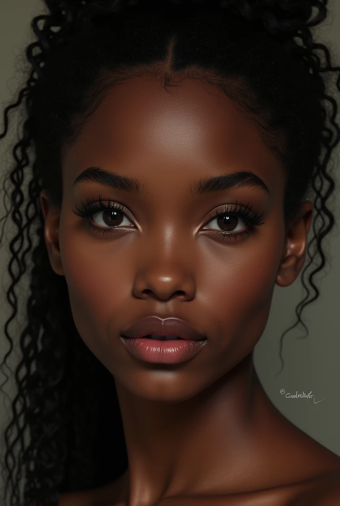 Black with dark brown almond eyes, curly hair, long eyelashes, dark brown skin, slim, high cheekbones, and glossy full lips.